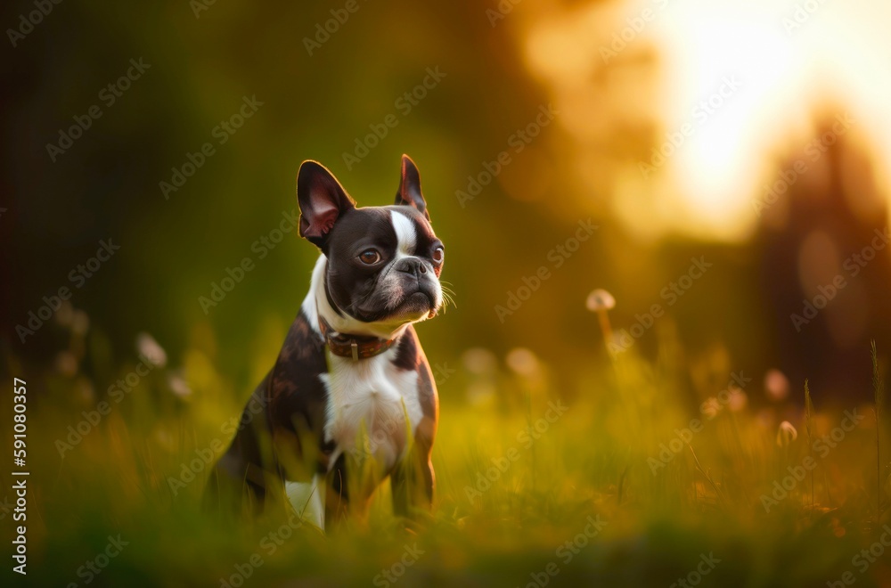 Cute small Boston Terrier is walking outdoor in summer. Generative AI.