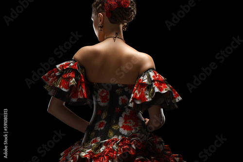 Attractive Woman wearing traditional flamenco dress on black background (Seville April Fair). Generative Ai