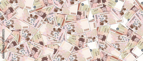 Financial Korean wide illustration. Seamless pattern. Randomly scattered paper banknotes of South Korea  denomination of 5000 won. Wallpaper or background.