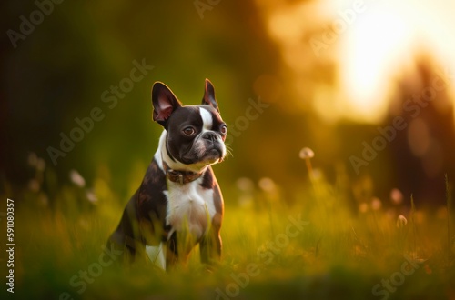 Cute small Boston Terrier is walking outdoor in summer. Generative AI.