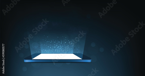 Mobile phone podium on dark blue background. Mock up for decoration.