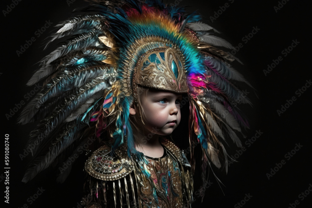 little boy wears a colorful costume with extremely large headdress, the costume shimmers in many colors created with Generative AI technology