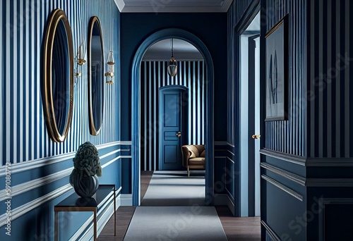 Contemporary elegant luxury hallway with blue stripes wallpaper. Generative AI