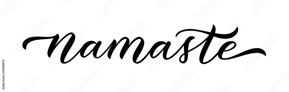 NAMASTE text. Indian respectful greeting said when giving a namaskar. Inspiration meditation quote. Brush Calligraphy namaste word. Design print for t shirt, tee, poster. Yoga. Vector illustration.