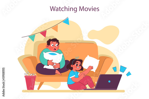 Schoolchild schedule and everyday routine. Kids watch tv. Children