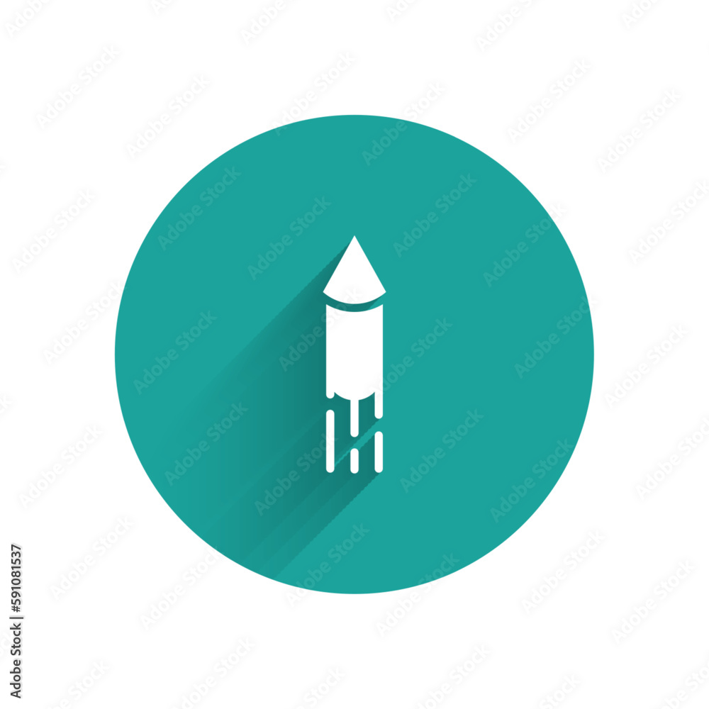 White Firework rocket icon isolated with long shadow. Concept of fun party. Explosive pyrotechnic symbol. Green circle button. Vector White Firework rocket icon isolated with long shadow. Concept of fun party. Explosive pyrotechnic symbol. Green circle button. Vector