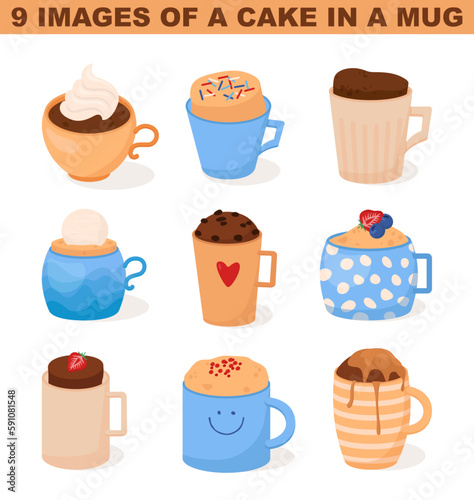 Mug cake set. Sweet pastry cooked in a coffee mug. Sweet cupcakes