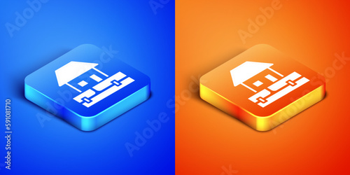 Isometric Water supply pipes and house icon isolated on blue and orange background. Square button. Vector