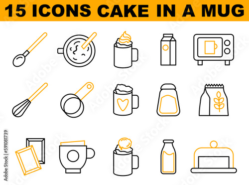 Mug cake icons set. Sweet pastry in a coffee mug cooking ingredients