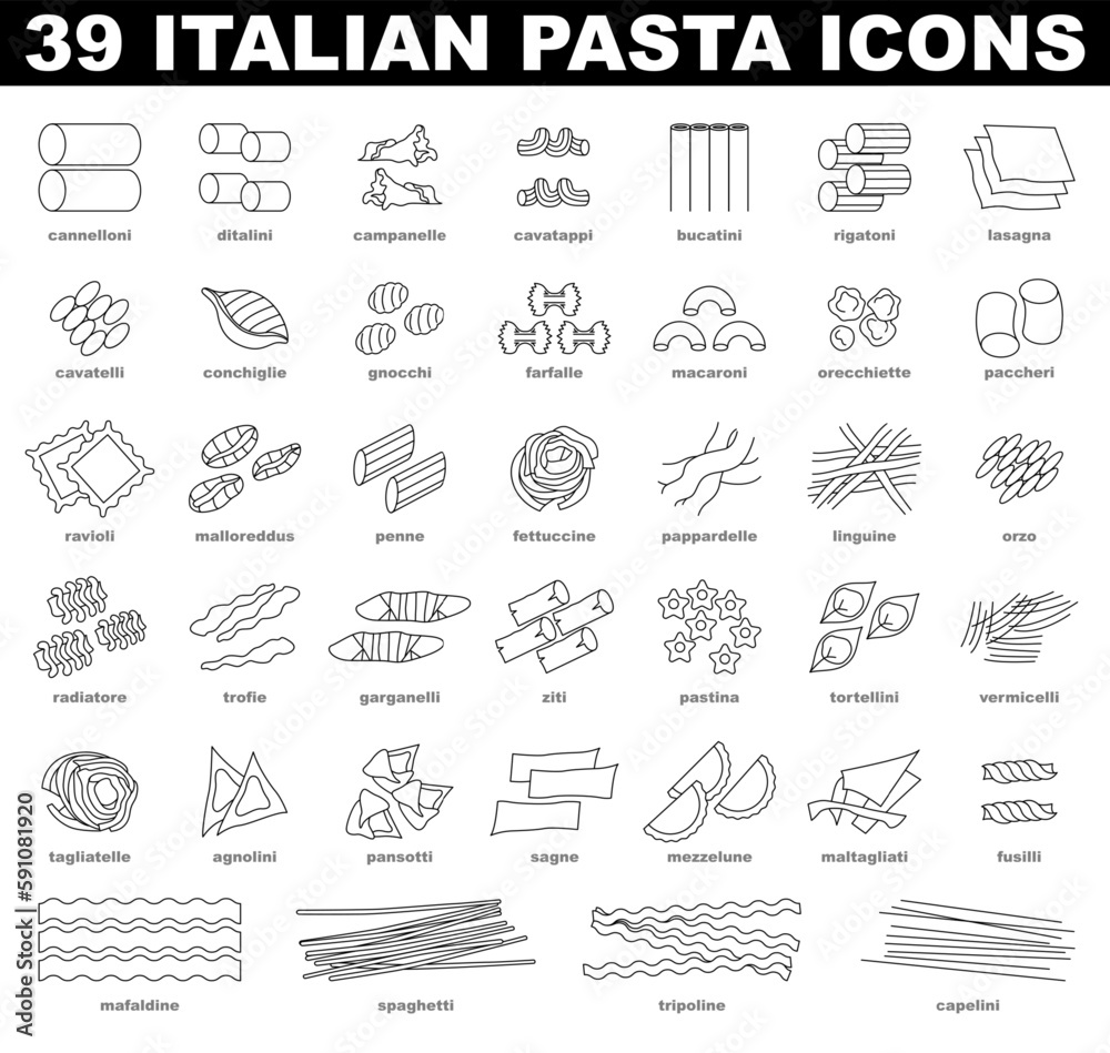 Italian pasta icons set. Simple black and white traditional macaroni