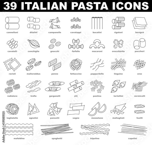 Italian pasta icons set. Simple black and white traditional macaroni