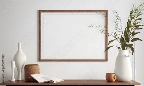 Blank wooden picture frame mockup on wall in modern interior. template mock up for artwork, painting, photo or poster in interior design. Ai generative