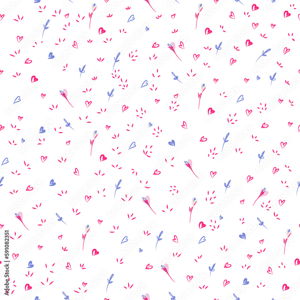 Abstract vector simple seamless pattern with pink hearts, dots and florals
