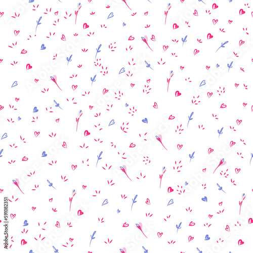 Abstract vector simple seamless pattern with pink hearts, dots and florals