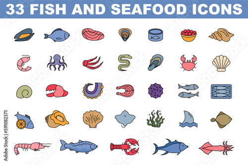 Seafood and raw fish icons set. Simple colored collection of ocean