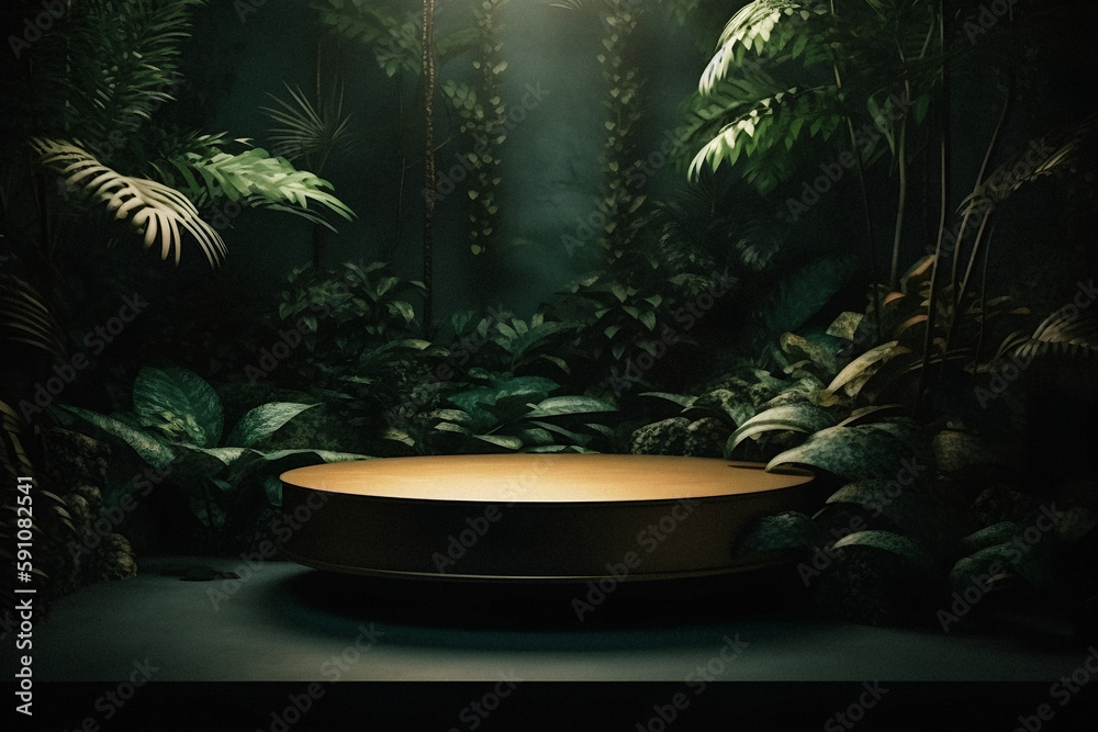 Elevating Your Product Display: Professional Photography of an Empty Space Mockup Podium with a Jungle-Themed Nature Background for a Stunning Visual Impact