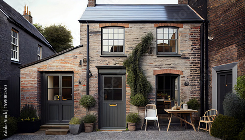 Wide shot Exterior photo of Medium Stylishly renovated Mews house In the UK With Modern Farmhouse Style interiors Showing from windows and big glass door.