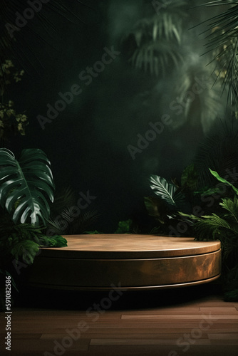 Fototapeta Naklejka Na Ścianę i Meble -  Elevating Your Product Display: Professional Photography of an Empty Space Mockup Podium with a Jungle-Themed Nature Background for a Stunning Visual Impact