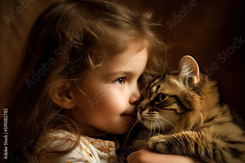 Little girl and cat. Child hugging a cat. Best friends. Digital ai art