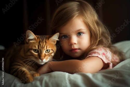 Little girl and cat. Child hugging a cat. Best friends. Digital ai art