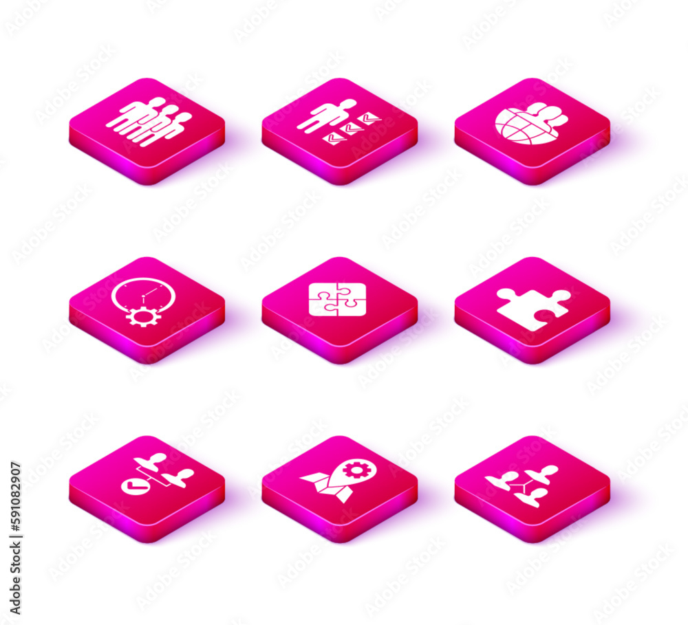 Set Project team base, Location job, Time Management, Piece of puzzle, Globe and people and User man in business suit icon. Vector Set Project team base, Location job, Time Management, Piece of puzzle, Globe and people and User man in business suit icon. Vector