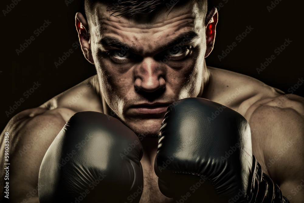The focused boxer's face displays concentration, with eyes fixed and determined, and a serious expression reflecting their mental intensity, with Generative AI technology