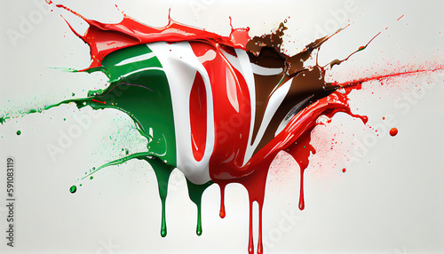 Liquid Paint Colors of Kenya Country Flag Dripping and Explosion on White Backdrop Generative AI