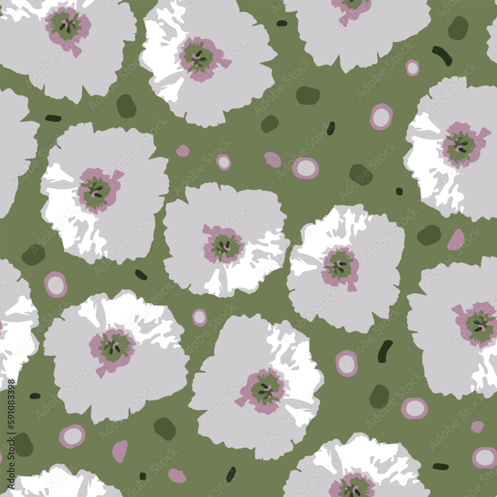 Pink seamless doodle pattern drawn by hand on a green background