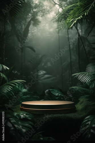 Elevating Your Product Display: Professional Photography of an Empty Space Mockup Podium with a Jungle-Themed Nature Background for a Stunning Visual Impact