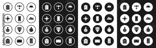 Set Umbrella and rain drops, Cardboard box traffic symbol, Verification of list clipboard, Delivery truck cardboard boxes, drone the package, Worldwide and icon. Vector