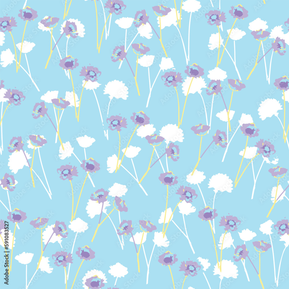 seamless doodle cute pastel flower pattern on blue background