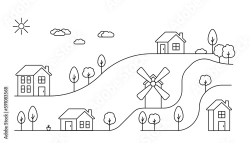 Houses and mill in village on hill, line art. Landscape and residential building. Exterior home in country landscape. Vector outline