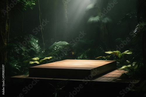 Mockup Podium Photography  A Stunning Jungle-Themed Empty Space with Nature Background  Perfect for Professional Product Display