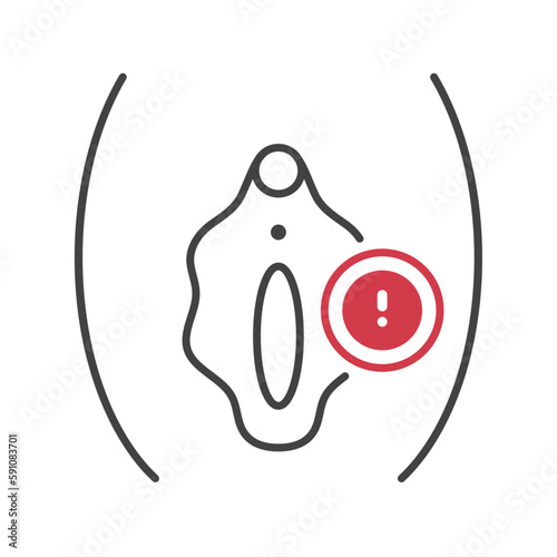 Outline style health care ui icons collection. Human organ disease concept. Vector illustration. External female reproduction system anatomy vulva symbol. Exclamation mark. Design for healthcare