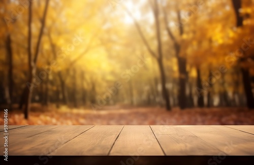 Autumn Leaves on Wooden Table. Blurred Background with Space for Product