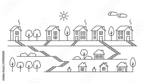 Houses with hill and steps in village, line art. Landscape and residential building. Exterior home in country landscape. Vector outline