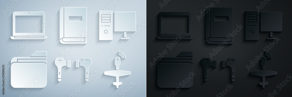 Set Air headphones, Computer monitor, Document folder, UAV Drone, User manual and Laptop icon. Vector Set Air headphones, Computer monitor, Document folder, UAV Drone, User manual and Laptop icon. Vector