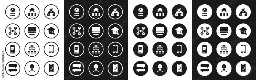 Set Student, Computer monitor screen, Online class, Create account, Graduation cap globe, Cloud online library, Mobile phone and icon. Vector