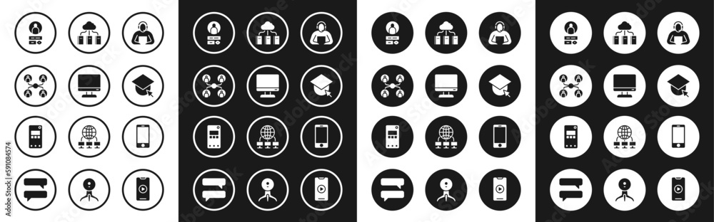 Set Student, Computer monitor screen, Online class, Create account, Graduation cap globe, Cloud online library, Mobile phone and icon. Vector Set Student, Computer monitor screen, Online class, Create account, Graduation cap globe, Cloud online library, Mobile phone and icon. Vector