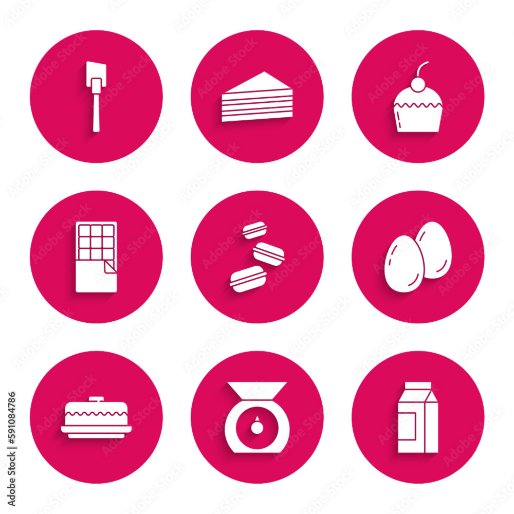 Set Macaron cookie, Scales, Paper package for milk, Easter eggs, Cake, Chocolate bar, and Spatula icon. Vector Set Macaron cookie, Scales, Paper package for milk, Easter eggs, Cake, Chocolate bar, and Spatula icon. Vector