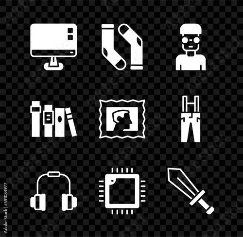 Set Computer monitor screen, Socks, Nerd geek, Headphones, Processor with CPU, Sword for game, Book and Postal stamp icon. Vector