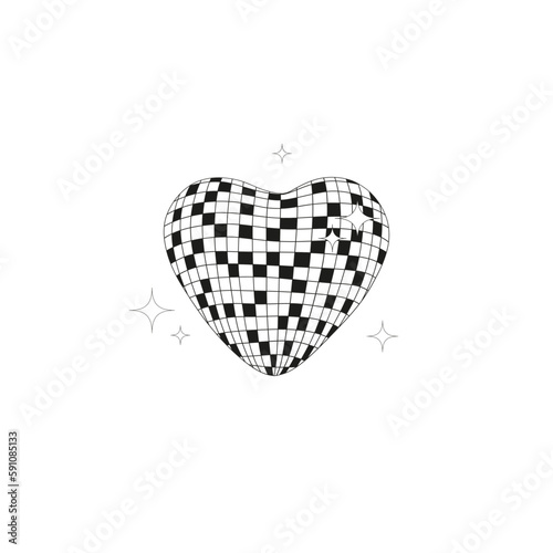 Groovy Hippie Sparkling Disco Heart illustration. Valentines Day design. Black and white vector clip-art isolated.