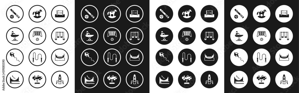Set Abacus, Soccer goal with ball, Swing boat, Baseball bat, Double swing, Horse saddle, Boat and Kite icon. Vector
