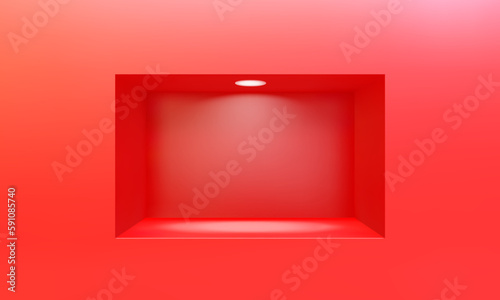 Empty niche or shelf on red wall with led light 3D mockup. Shop, gallery plastic or wooden showcase to present product. Blank retail storage space. Interior design furniture. Living room bookshelf