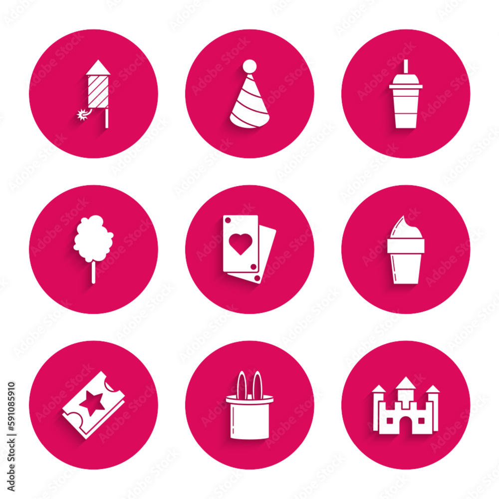 Set Playing card, Magician hat and rabbit ears, Castle, Ice cream waffle cone, Ticket, Cotton candy, Paper glass with drinking straw water and Firework rocket icon. Vector Set Playing card, Magician hat and rabbit ears, Castle, Ice cream waffle cone, Ticket, Cotton candy, Paper glass with drinking straw water and Firework rocket icon. Vector
