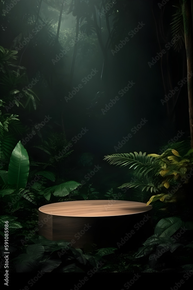 Bringing Nature Indoors: Professional Photography of Jungle-Themed Empty Space Mockup Podium with a Stunning Nature Background for Product Display Bringing Nature Indoors: Professional Photography of Jungle-Themed Empty Space Mockup Podium with a Stunning Nature Background for Product Display