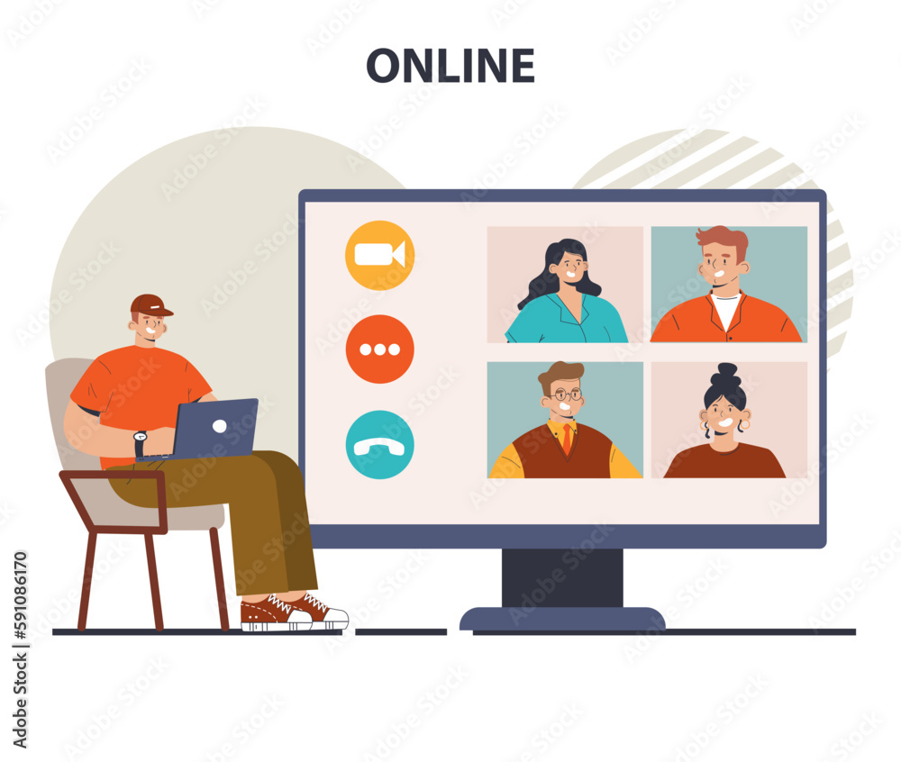 Fototapeta premium Remote work, telework or outsourcing. Character using mobile app