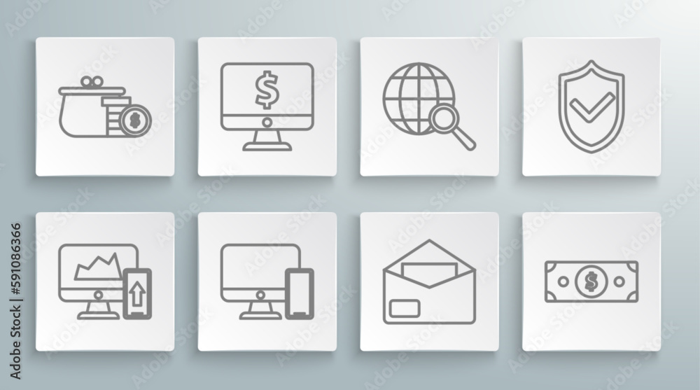 Set line Financial chart or graph on the computer monitor and mobile phone, Envelope, Stacks paper money cash, Magnifying glass globe, Shield check mark and Wallet coins icon. Vector Set line Financial chart or graph on the computer monitor and mobile phone, Envelope, Stacks paper money cash, Magnifying glass globe, Shield check mark and Wallet coins icon. Vector