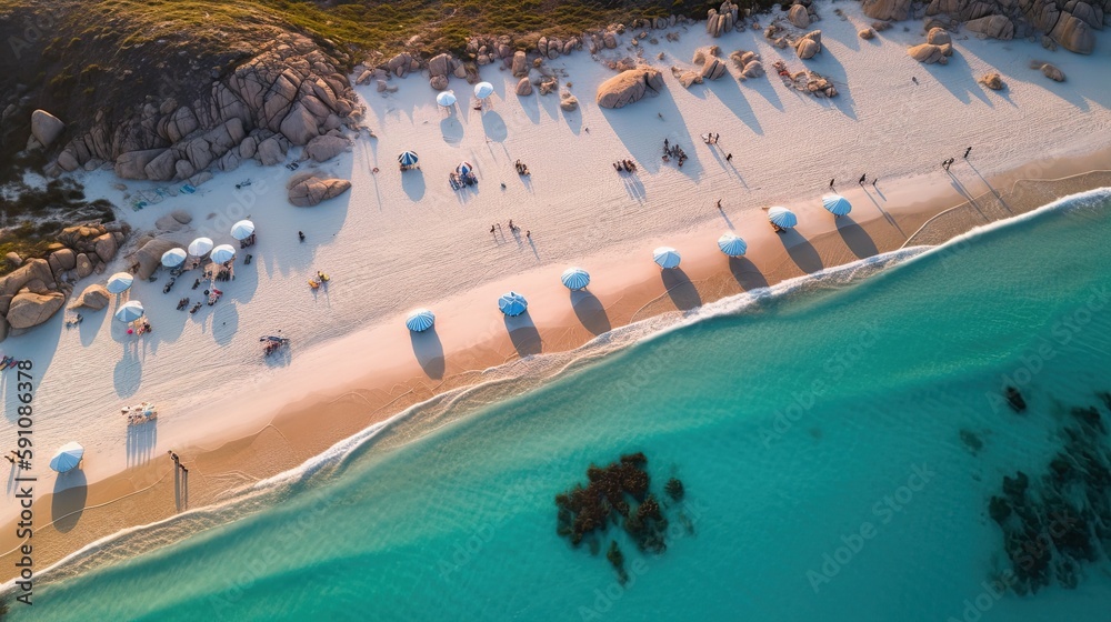 aerial view on a tropical beach and ocean, beach umbrellas, generative AI