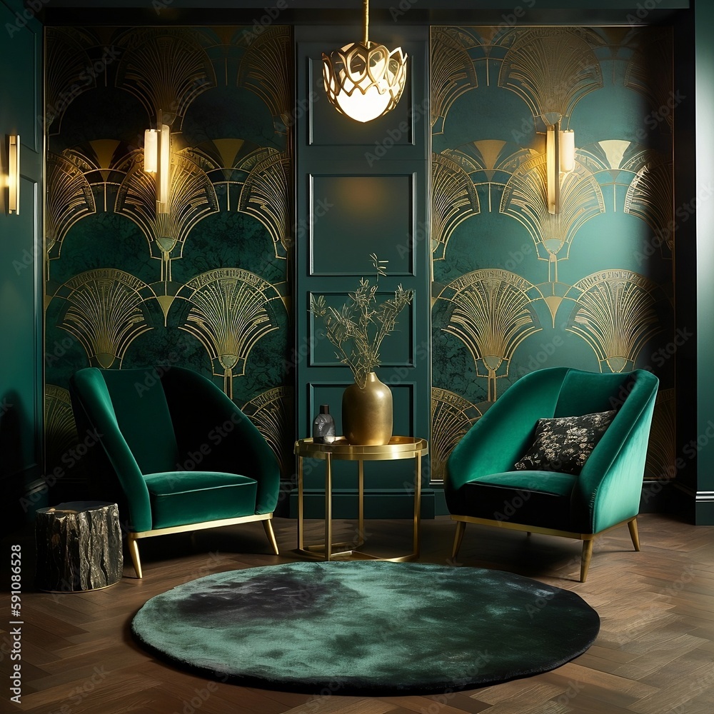 Art Deco design Green sitting area, Art Deco wallpaper, art deco ...
